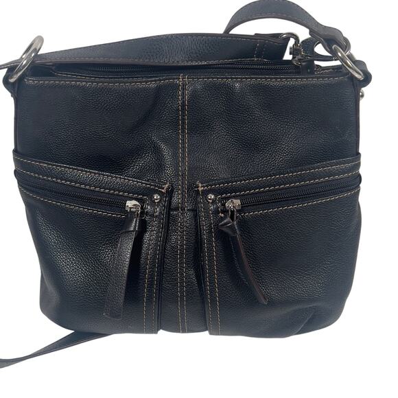 Black Pebbled Genuine Leather Crossbody Bag Many Zippered Pockets Floral Lining - Picture 1 of 16
